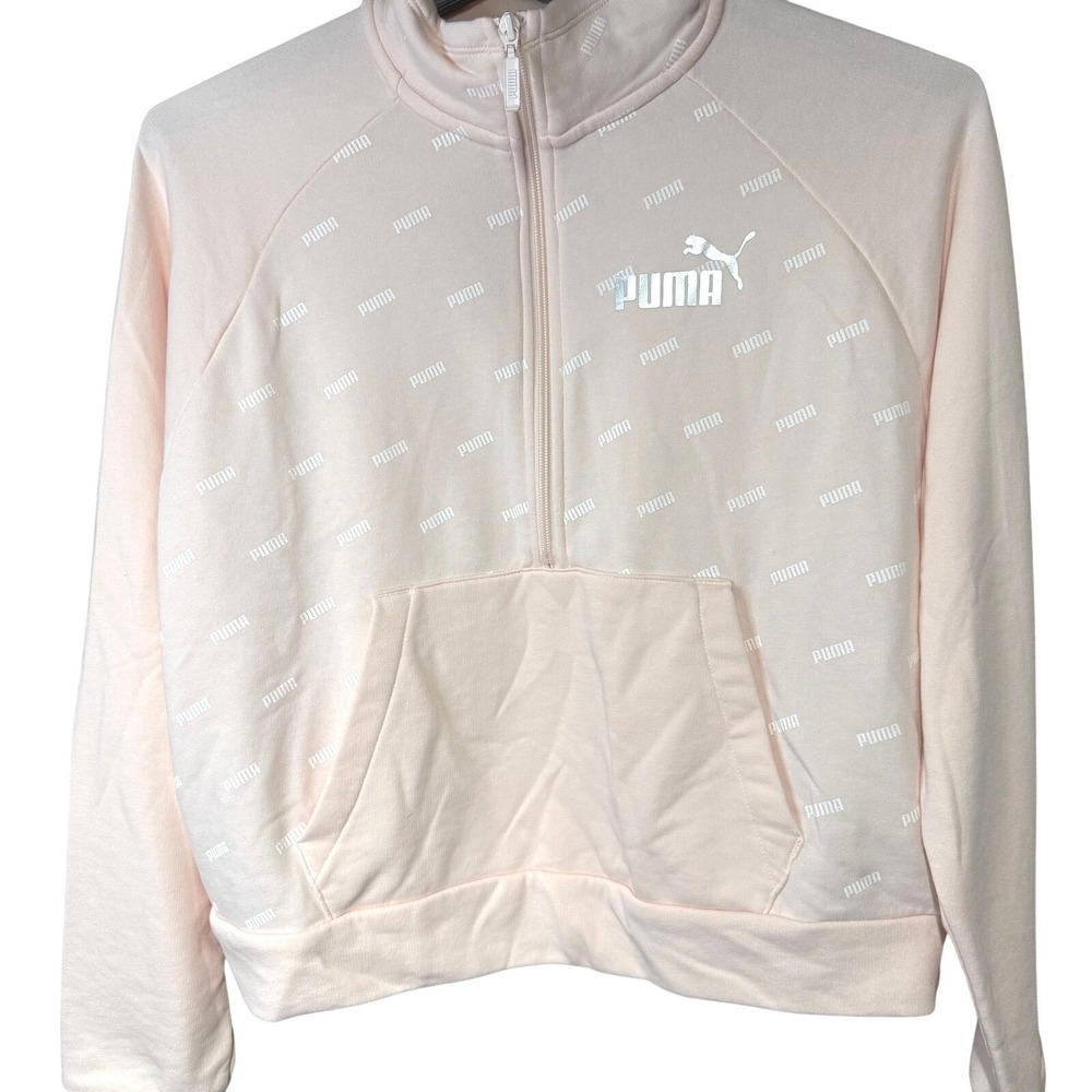 Puma Womens XL Quarter Zip Pullover Peach Pink All‎ Over Logo Print Sweatshirt